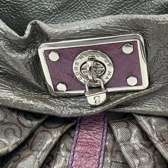 Marc By Marc Jacobs Large Patent Leather Handbag Shoulder Bag Hobo Grey Purple - Picture 3 of 15